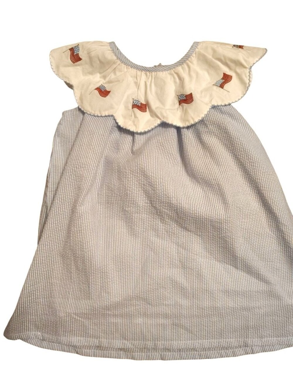 Stitchy Fish 3T Toddler Dress Blue Gingham Embroidered American Flag 4th of July